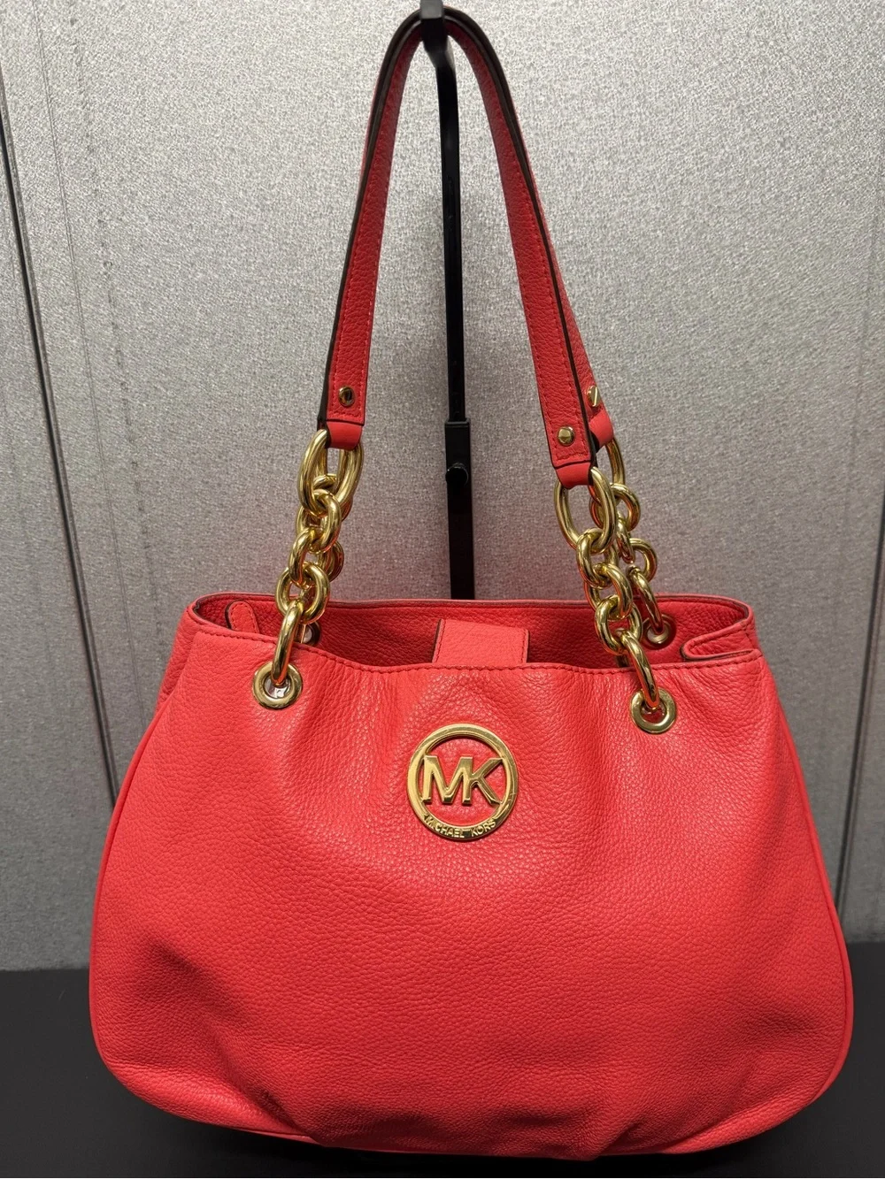 Michael Kors Salmon Pink Leather Chain Tote MK Logo Bag - Picture 1 of 10
